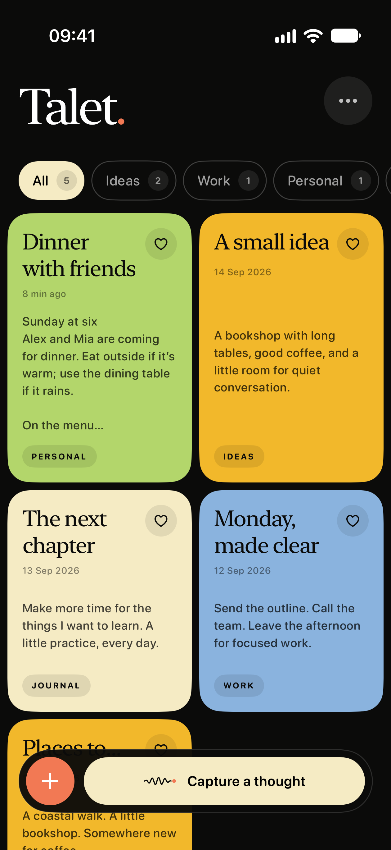 Talet's private notebook with searchable notes for personal ideas, work and a journal.
