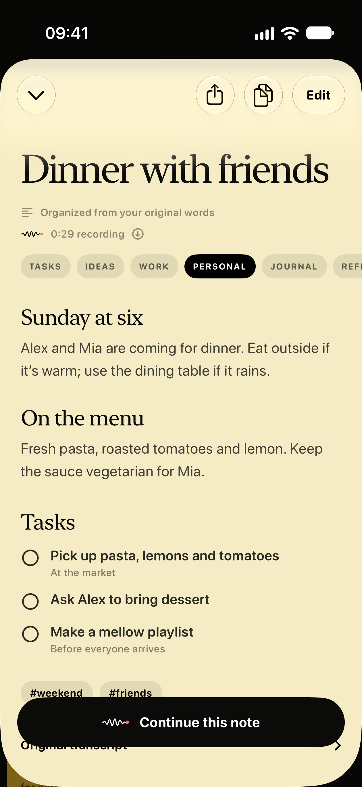 A Talet note with a dinner plan, sections and a checklist, shown on iPhone.